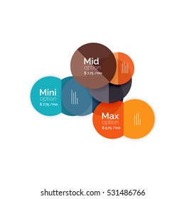 Circle business option diagrams. Select your product with sample options. A4 size geometric template. Brochure - flyer, presentation or web design background