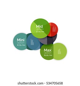Circle business option diagrams. Select your product with sample options. A4 size geometric template. Brochure - flyer, presentation or web design background