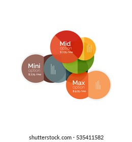 Circle business option diagrams. Select your product with sample options. A4 size geometric template. Brochure - flyer, presentation or web design background