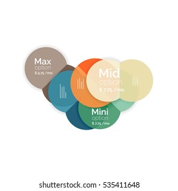 Circle business option diagrams. Select your product with sample options. A4 size geometric template. Brochure - flyer, presentation or web design background