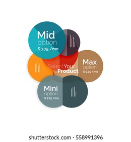 Circle business option diagrams. Select your product with sample options. A4 size geometric template. Brochure - flyer, presentation or web design background