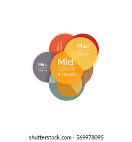 Circle business option diagrams. Select your product with sample options. A4 size geometric template. Brochure - flyer, presentation or web design background