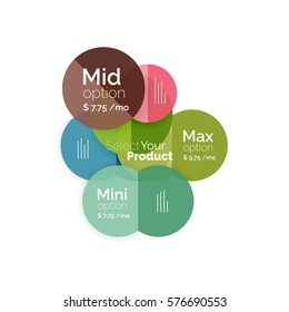Circle business option diagrams. Select your product with sample options. A4 size geometric template. Brochure - flyer, presentation or web design background