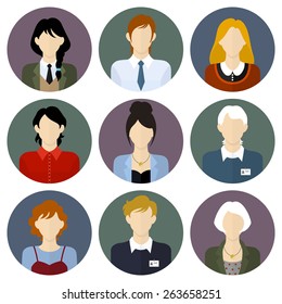 Circle business team flat style icons set. Men and women in different clothes, hairstyles. Vector illustration