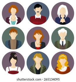 Circle business team flat style icons set. Men and women in different clothes and hairstyles. Vector illustration