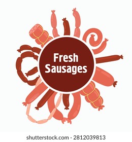 Circle butcher shop label design with assortment of meat products for gastropub signboard, local market branding and packaging.
