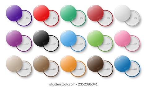 Circle button badge. Round pinned badges tag, metal pinback buttons and colorful pin label. Glossy plastic button, realistic brooch pins. Colorful isolated vector mockup icons set
