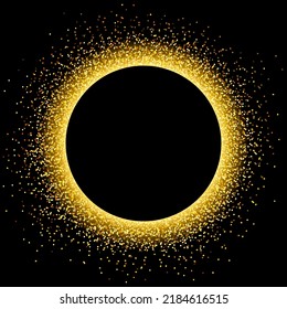 Circle button with gold glitter around, shiny glowing golden sparkling dust on black background with copy space, vector illustration.