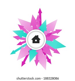 the circle button with house symbol and arrow decoration / the badge with house icon / the home