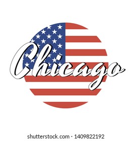 Circle button Icon of national flag of The United States of America with red and blue colors and inscription of city name: Chicago in modern style. Vector EPS10 illustration