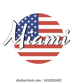 Circle button Icon of national flag of The United States of America with red and blue colors and inscription of city name: Miami in modern style. Vector EPS10 illustration