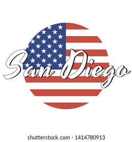 Circle button Icon of national flag of The United States of America with red and blue colors and inscription of city name: San Diego in modern style. Vector EPS10 illustration