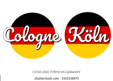 Circle button Icon with national flag of Germany with black, red and yellow colors and inscription of city name: Cologne - Koln in German and English languages. Vector EPS10 illustration