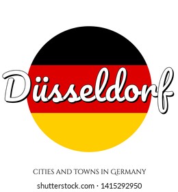 Circle button Icon with national flag of Germany with black, red and yellow colors and inscription of city name: Dusseldorf in modern style. Vector EPS10 illustration