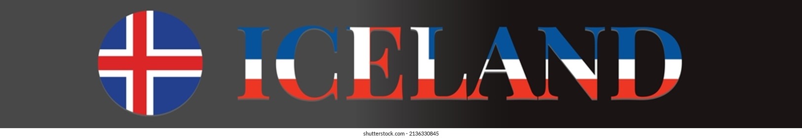 Circle button Icon of national flag Iceland with Country name text in flag color.