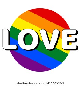 Circle button Icon of rainbow lgbt pride flag with inscription with word love in modern style. Equality and tolerance concept element. Vector EPS10 illustration.