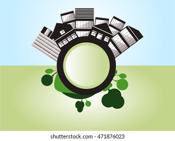 A  circle button surround by town and landscape .