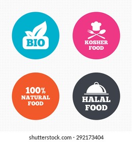 Circle buttons. 100% Natural Bio food icons. Halal and Kosher signs. Chief hat with fork and spoon symbol. Seamless squares texture. Vector