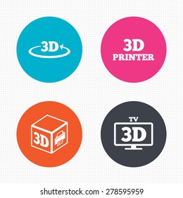 Circle buttons. 3d technology icons. Printer, rotation arrow sign symbols. Print cube. Seamless squares texture. Vector