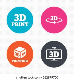 Circle buttons. 3d technology icons. Printer, rotation arrow sign symbols. Print cube. Seamless squares texture. Vector