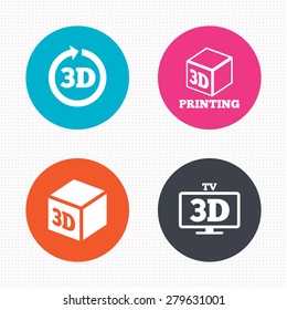 Circle buttons. 3d tv technology icons. Printer, rotation arrow sign symbols. Print cube. Seamless squares texture. Vector
