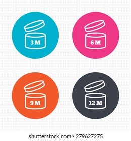 Circle buttons. After opening use icons. Expiration date 6-12 months of product signs symbols. Shelf life of grocery item. Seamless squares texture. Vector