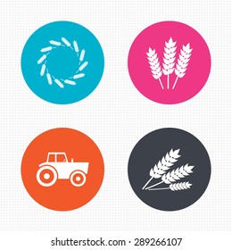 Circle buttons. Agricultural icons. Wheat corn or Gluten free signs symbols. Tractor machinery. Seamless squares texture. Vector
