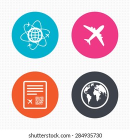 Circle buttons. Airplane icons. World globe symbol. Boarding pass flight sign. Airport ticket with QR code. Seamless squares texture. Vector
