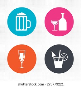 Circle buttons. Alcoholic drinks icons. Champagne sparkling wine and beer symbols. Wine glass and cocktail signs. Seamless squares texture. Vector