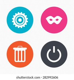 Circle buttons. Anonymous mask and cogwheel gear icons. Recycle bin delete and power sign symbols. Seamless squares texture. Vector