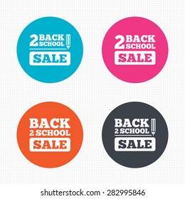Circle buttons. Back to school sale icons. Studies after the holidays signs. Pencil symbol. Seamless squares texture. Vector