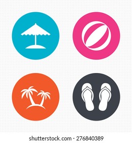 Circle buttons. Beach holidays icons. Ball, umbrella and flip-flops sandals signs. Palm trees symbol. Seamless squares texture. Vector