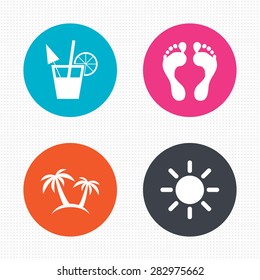 Circle buttons. Beach holidays icons. Cocktail, human footprints and palm trees signs. Summer sun symbol. Seamless squares texture. Vector