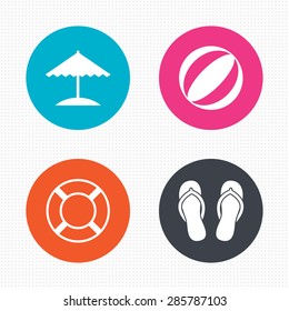 Circle buttons. Beach holidays icons. Ball, umbrella and flip-flops sandals signs. Lifebuoy symbol. Seamless squares texture. Vector