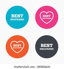Circle buttons. Best boyfriend and girlfriend icons. Heart love signs. Award symbol. Seamless squares texture. Vector