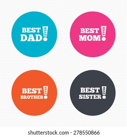 Circle buttons. Best mom and dad, brother and sister icons. Award with exclamation symbols. Seamless squares texture. Vector