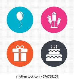 Circle buttons. Birthday party icons. Cake and gift box signs. Air balloons and fireworks rockets symbol. Seamless squares texture. Vector