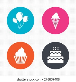 Circle buttons. Birthday party icons. Cake with ice cream signs. Air balloons with rope symbol. Seamless squares texture. Vector