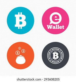 Circle buttons. Bitcoin icons. Electronic wallet sign. Cash money symbol. Seamless squares texture. Vector
