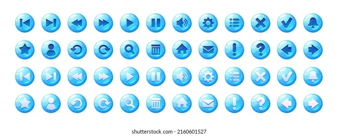 Circle buttons with blue jelly texture and icons for game menu or website. Vector cartoon set of ui elements from water with bubbles, glossy web icons isolated on white background