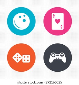 Circle buttons. Bowling and Casino icons. Video game joystick and playing card with dice symbols. Entertainment signs. Seamless squares texture. Vector
