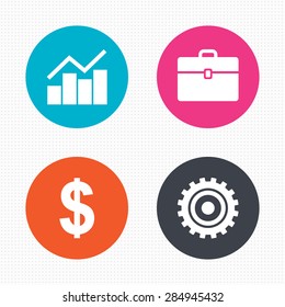 Circle buttons. Business icons. Graph chart and case signs. Dollar currency and gear cogwheel symbols. Seamless squares texture. Vector