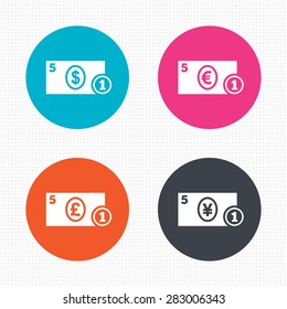 Circle buttons. Businessman case icons. Dollar, yen, euro and pound currency sign symbols. Seamless squares texture. Vector