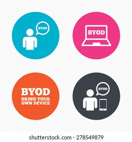 Circle buttons. BYOD icons. Human with notebook and smartphone signs. Speech bubble symbol. Seamless squares texture. Vector