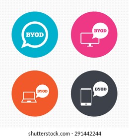 Circle buttons. BYOD icons. Notebook and smartphone signs. Speech bubble symbol. Seamless squares texture. Vector