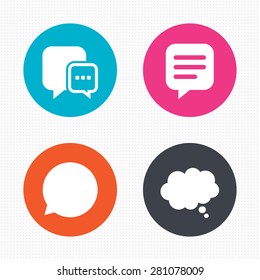 Circle buttons. Chat icons. Comic speech bubble signs. Communication think symbol. Seamless squares texture. Vector