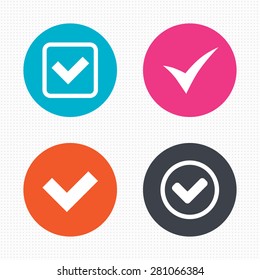 Circle buttons. Check icons. Checkbox confirm circle sign symbols. Seamless squares texture. Vector