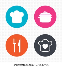Circle buttons. Chief hat and cooking pan icons. Fork and knife signs. Boil or stew food symbols. Seamless squares texture. Vector