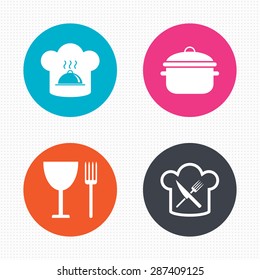 Circle buttons. Chief hat and cooking pan icons. Crosswise fork and knife signs. Boil or stew food symbols. Seamless squares texture. Vector