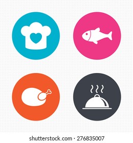 Circle buttons. Chief hat with heart and cooking pan icons. Fish and chicken signs. Hot food platter serving symbol. Seamless squares texture. Vector